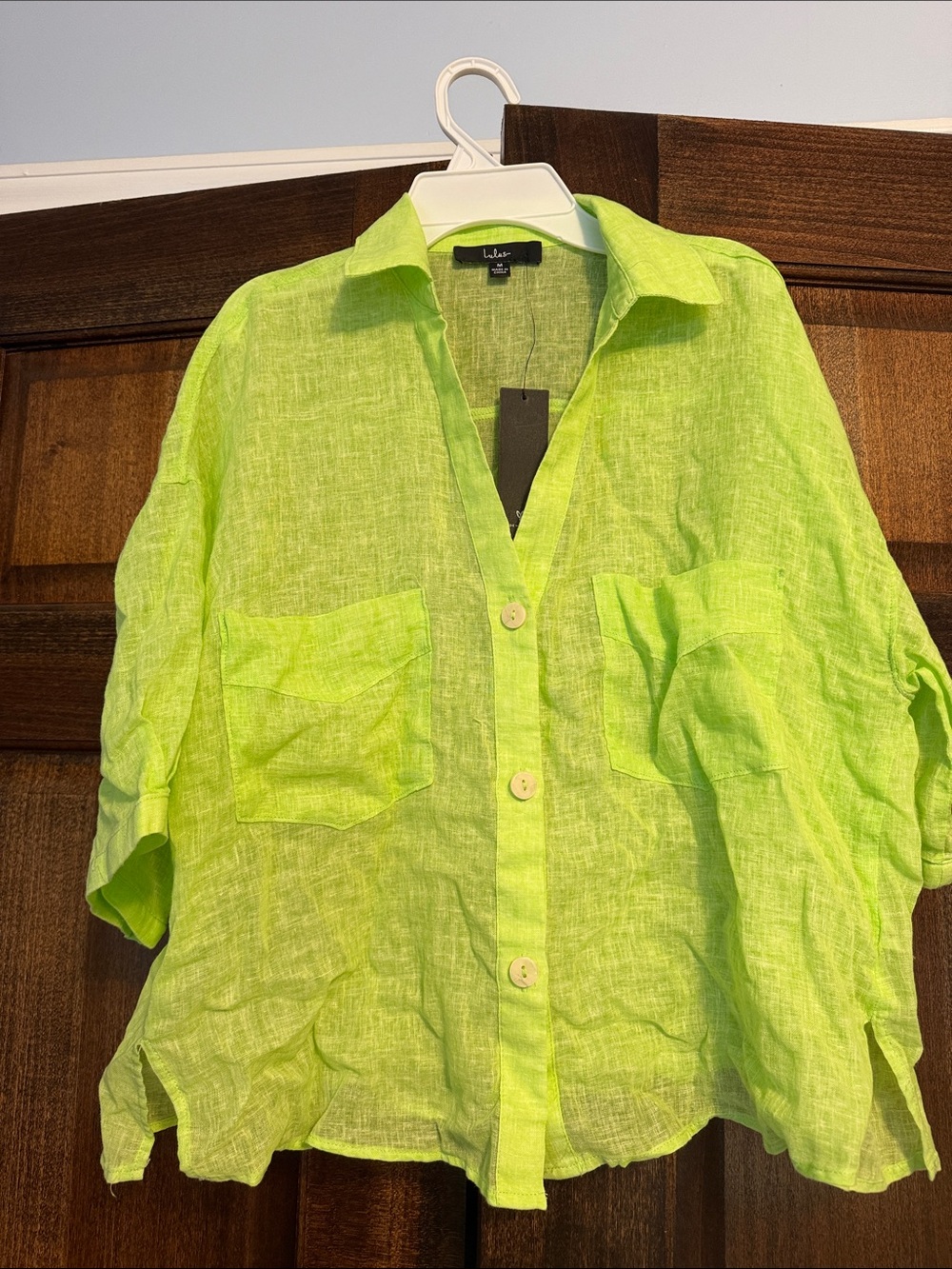 Lulu's Neon Lime Linen Button-Front Crop Top
